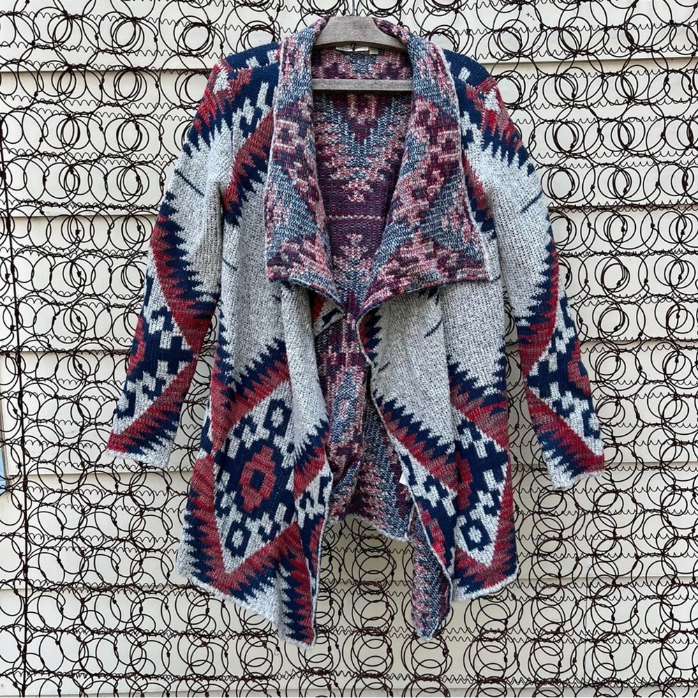 RD Style Gray Red Aztec Southwestern Blanket Open Front Cardigan Kimono Sweater